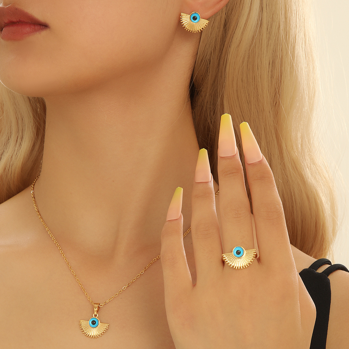 Ring Necklace Jewelry Set Devil's Eye Oil Drop Earrings Design Clavicle Chain