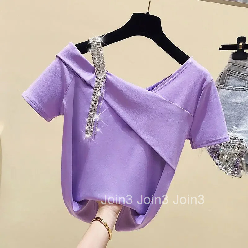 Short Sleeve Woman Tshirts 2025 Ropa Mujer Off Shoulder Diamond Summer Tees Solid Color Casual T Shirt Fashion Y2k T-shirt Tops