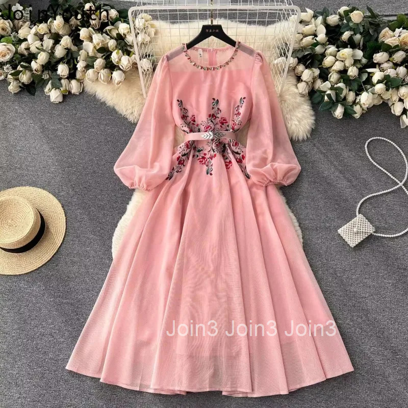 2025 Vestidos De Mujer Embroidery Maxi Dress Women Clothing O-neck Beading Slim Waist Robe Femme Chic Vintage Summer Dresses