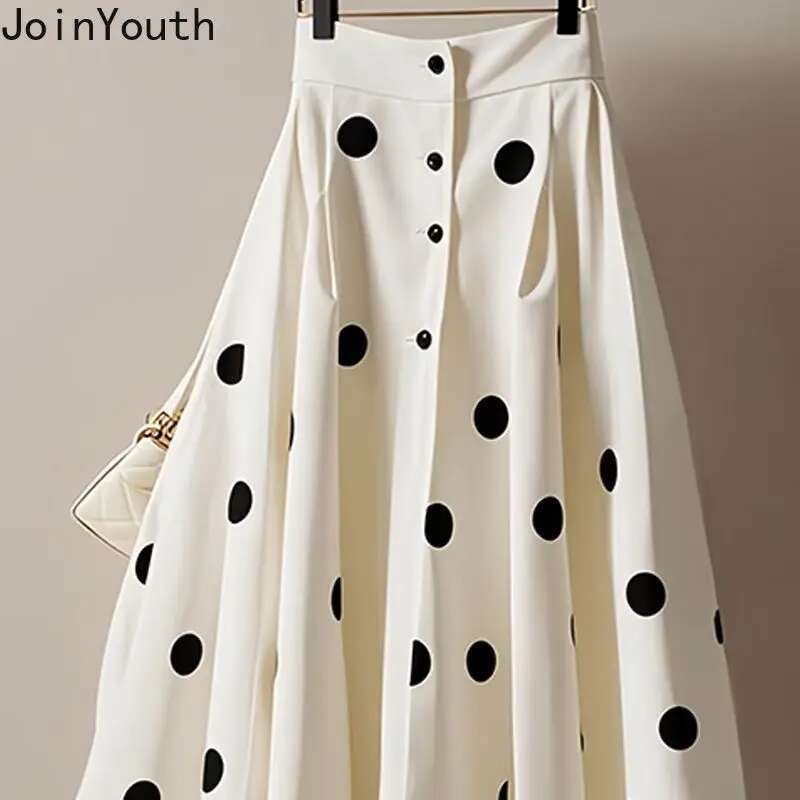White Polka Dot Skirt for Women 2025 Faldas Mujer De Moda High Waist A-line Jupe Vintage Korean Saia Big Swing Loose Sweet Skirt