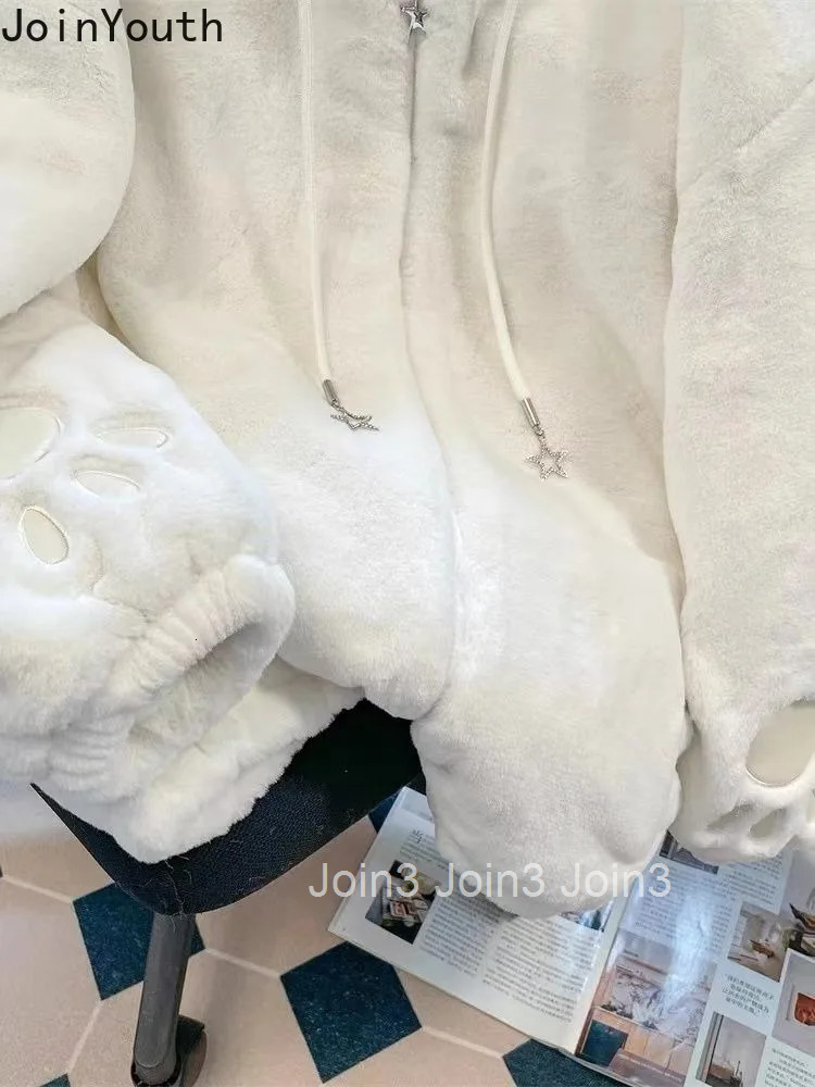 Winter Women Clothing Japanese Cute Jackets Hooded Rabbit Ear Zipper Thicked Warm Outwear Y2k Tops Fashion Sweet Furry Coats