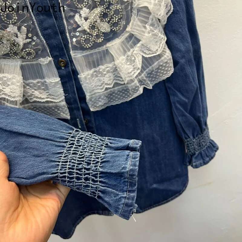 Fashion Blouse Women Clothes Denim Patchwork Lace Tops 2025 Blusas Mujer De Moda Casual Heavy Beading Sweet Korean Shirt Blouses