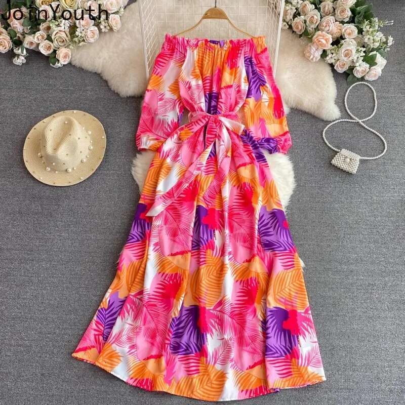 2025 Vestidos De Mujer Elegant Dresses for Women Slim Waist Slash Neck Floral A-line Robe Femme Off Shoulder Summer Chic Dress