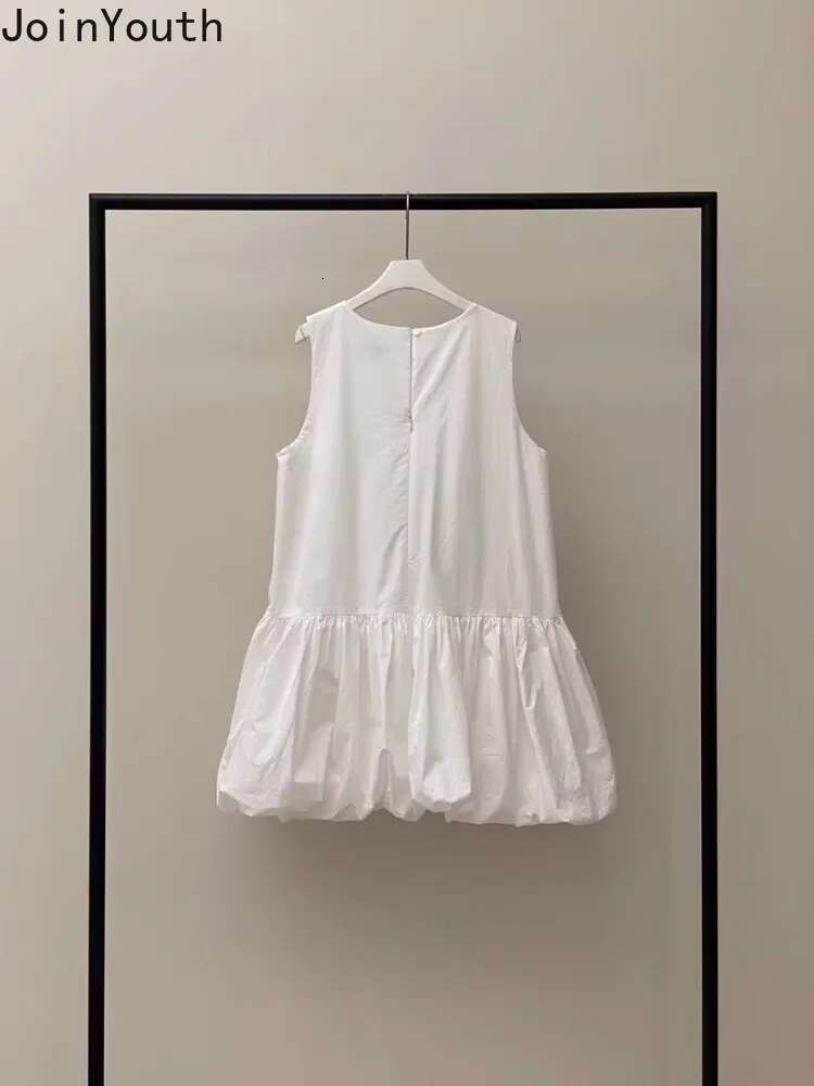 2025 Vestidos De Mujer Summer Woman Dress Sleeveless O-neck A-line Folds Robe Femme Fashion Loose Sweet White Korean Dresses