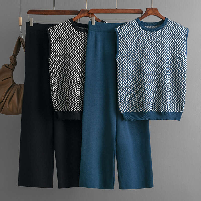 Fashion Set for Women New Sleeveless Striped Knit Top Two-Piece High-Waisted Straight-Leg Wide-Leg Pants