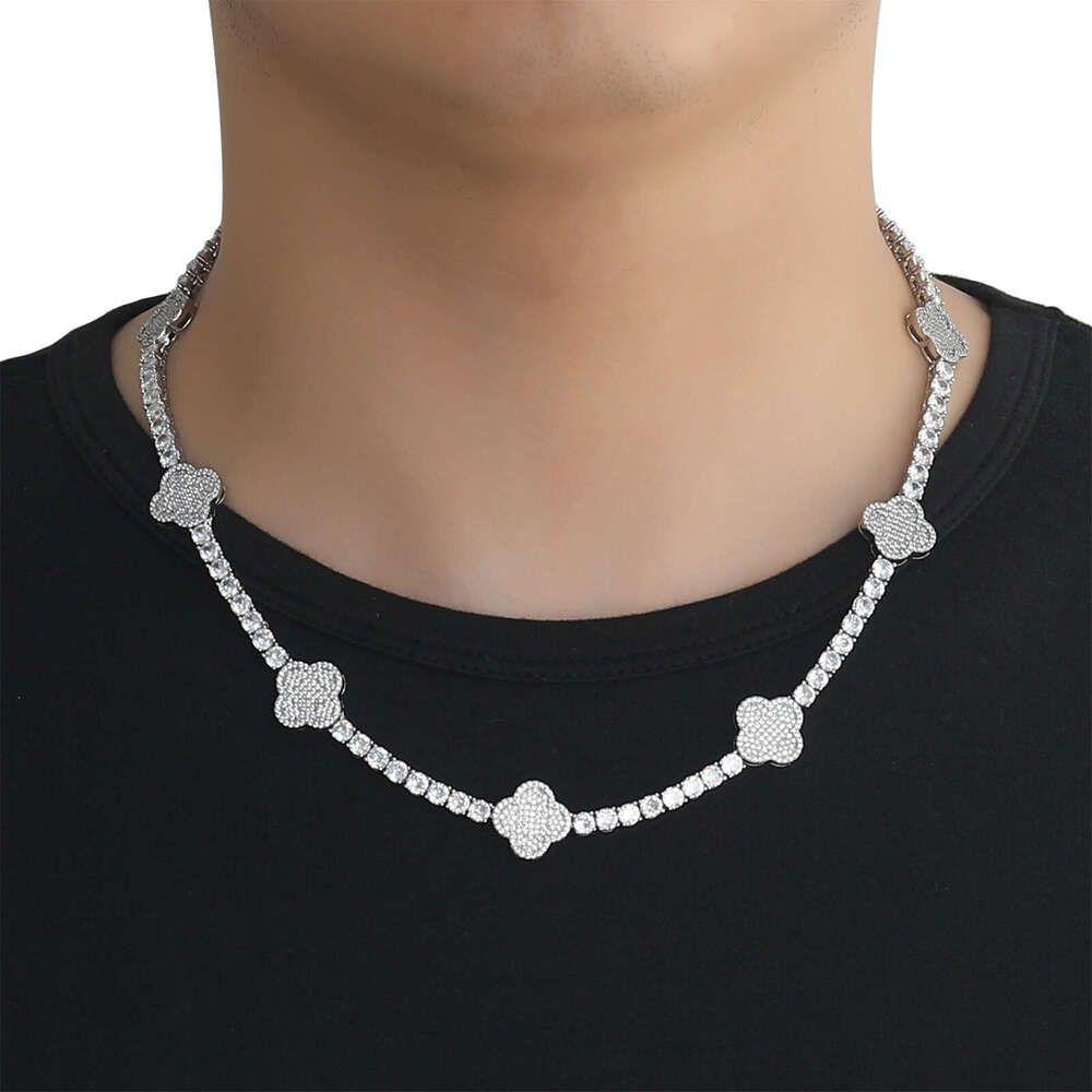 MISA Hip-Hop Necklace One Row Dia Four-Leaf Clover Tennis Trendy Unisex Zircon Versatile Clavicle Chain 9075