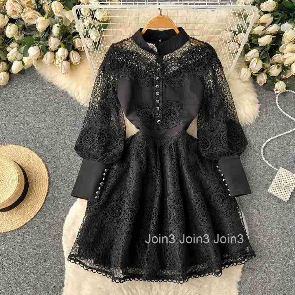 Vintage White Woman Dress Elegant Stand Neck Single Breasted Lace Robe Femme Ruffles Hollow Out Temperament Vestidos De Mujer