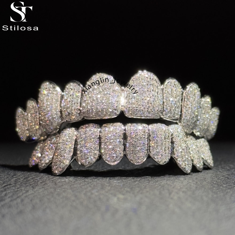 Fashion Jewelry 925 Silver Plated Gold 10 Top 10 Bottom Custom Grillz Vvs Moissanite Teeth Grillz Diamond Grillz