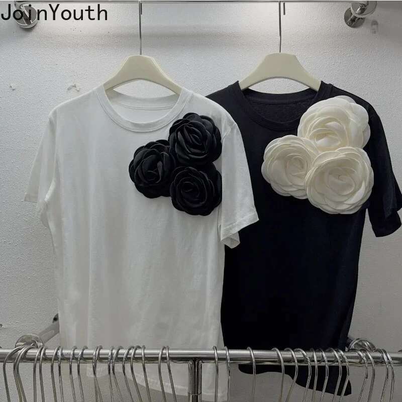 White Tshirts for Women 2025 Ropa Mujer Short Sleeve O-neck Tees Oversized Tops 3D Floral Sweet T Shirt Fashion Summer T-shirt