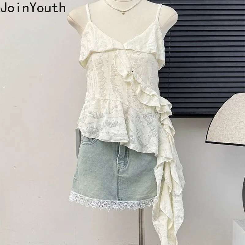 Y2k Crop Tops Fashion Sexy Tanks Womens Clothes Sleeveless Tunic Irregular Camis Patchwork Hole Ruffles Sweet Vest Ropa Mujer
