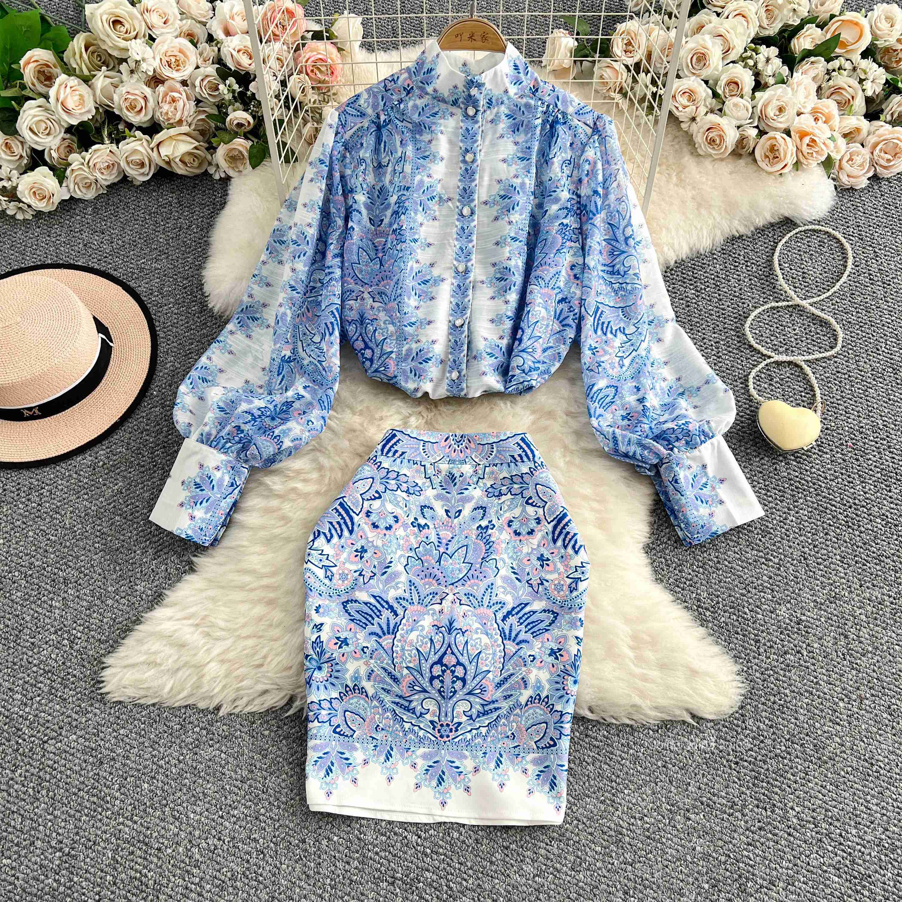 Women Clothing Skirt Outfits Two Piece Set Stand Neck Long Sleeve Blouse High Waist Bodycon Mini Skirts Sets Vintage Print Suit