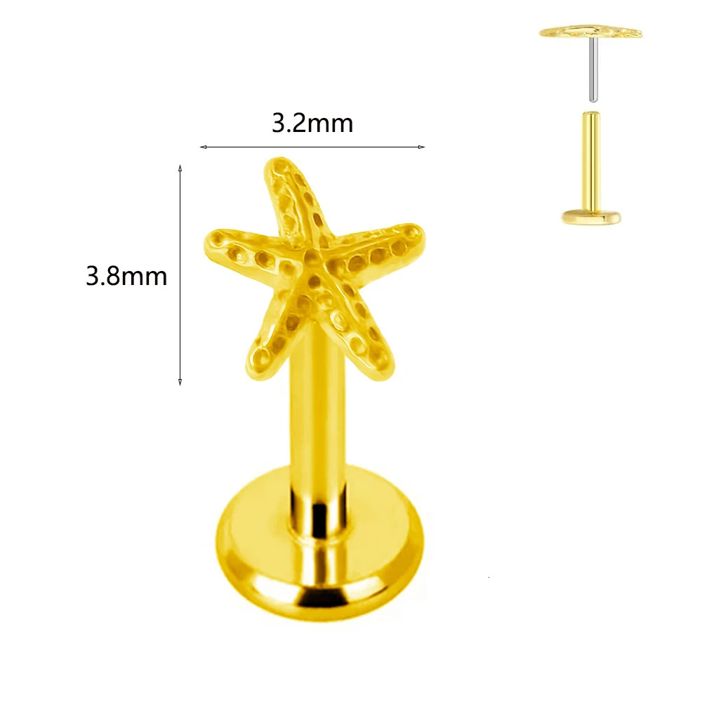 ASTM 36 G23 Labret Piercing Starfish Earring Stud Bee Leaf Push In CZ Threadless Cartilage 161820G Body Jewelry 250613