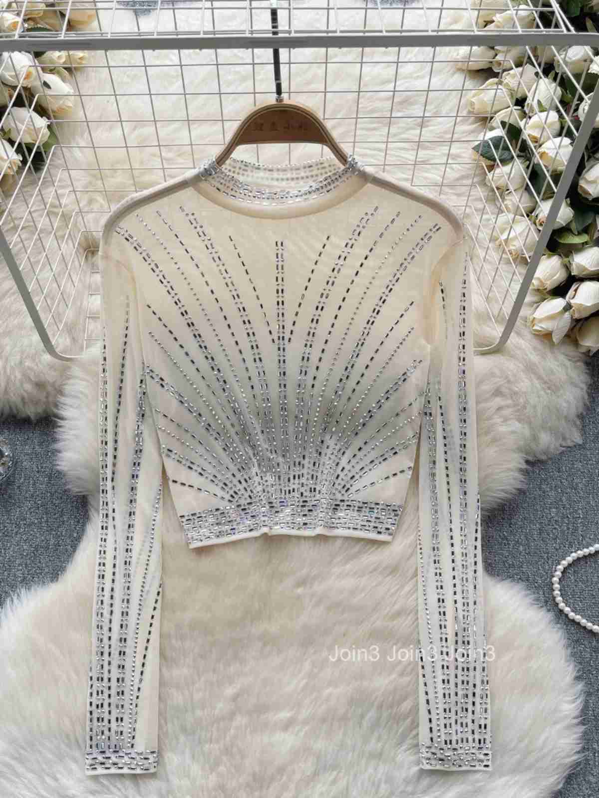 Fashion Tshirts Womens Clothing Heavy Diamond Tunic Tees 2025 Ropa Mujer Crop Tops Sexy See Throught Gauze T Shirt Y2k T-shirt