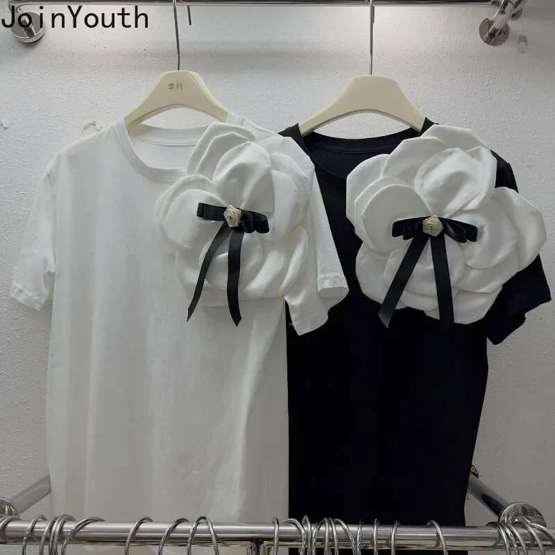 White Tshirts for Women 2025 Ropa Mujer Short Sleeve O-neck Tees Oversized Tops 3D Floral Sweet T Shirt Fashion Summer T-shirt