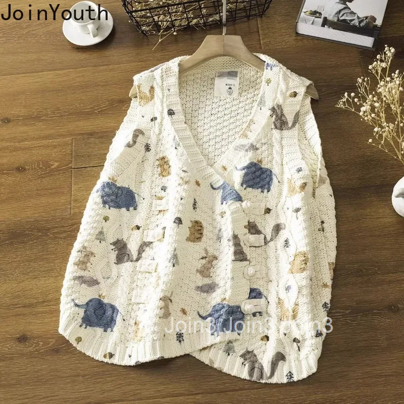 Vintage Sweater Vest for Womens Floral Tops Loose Sleeveless Waistcoat Knitted Tanks 2025 Korean Jackets Chalecos Para Mujer