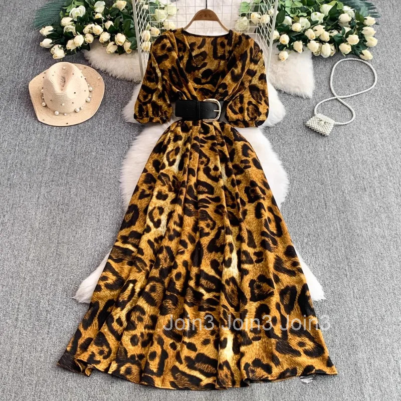 2025 Women Clothing Leopard Print Dress V-neck Slim Waist Robe Femme Korean Chic Vestidos De Mujer Big Swing Summer Maxi Dresses