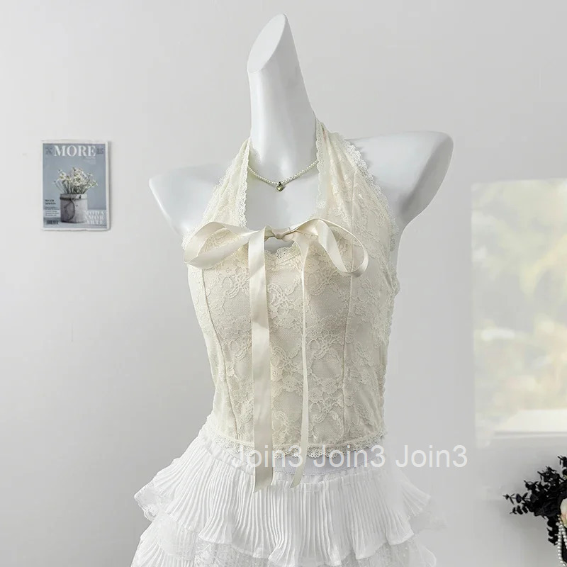 Chic Crop Top Sexy Vest Womens Clothing V-neck Bandage Sleeveless Tunic Camis 2025 Ropa Mujer Backless Lace Folds Summer Tanks