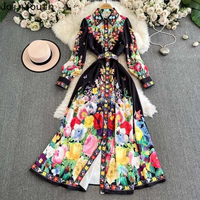 2025 Vestidos De Mujer Floral Print Woman Dress Single Breasted Big Swing Loose Robe Femme Slim Waist Vintage Chic Maxi Dresses