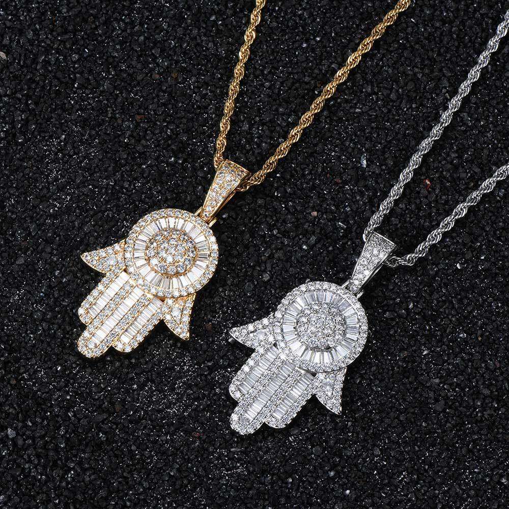 Micro Paved Zircon Large Palm Real Gold Plated Fatima Hand Hip Hop Pendant 3188
