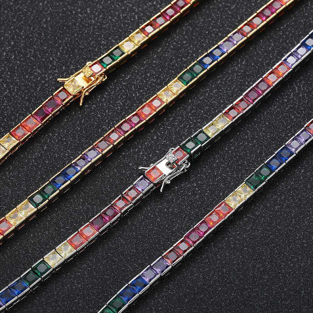 Minimalist Hip-Hop Jewelry 4mm Tennis Chain Copper Inlaid Colorful Square Zircon Trendy Bracelet Necklace e727