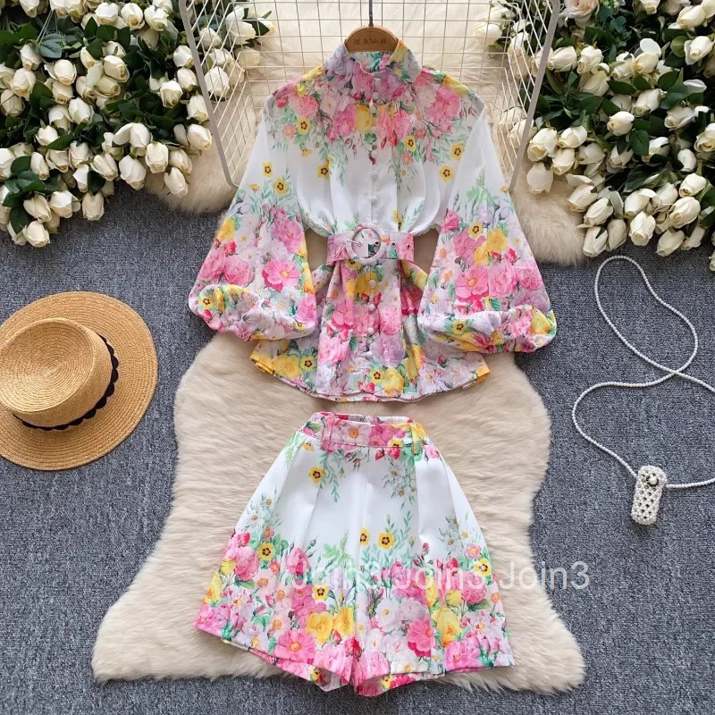 Summer Women Clothing Floral Two Piece Sets Stand Neck Slim Waist Shirt High Waist Wide Leg Shorts Outfits Vintage Korean Suit
