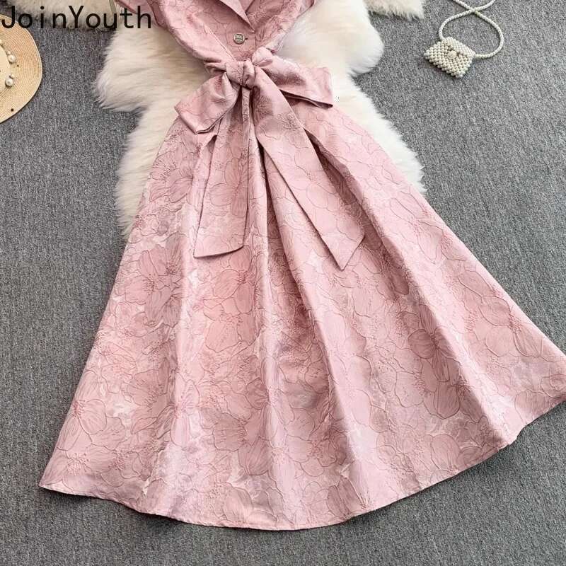 Elegant Woman Dresses 2025 Vestidos De Mujer Slim Waist Bandage Floral Short Sleeve Robe Femme Big Swing Vintage Summer Dress