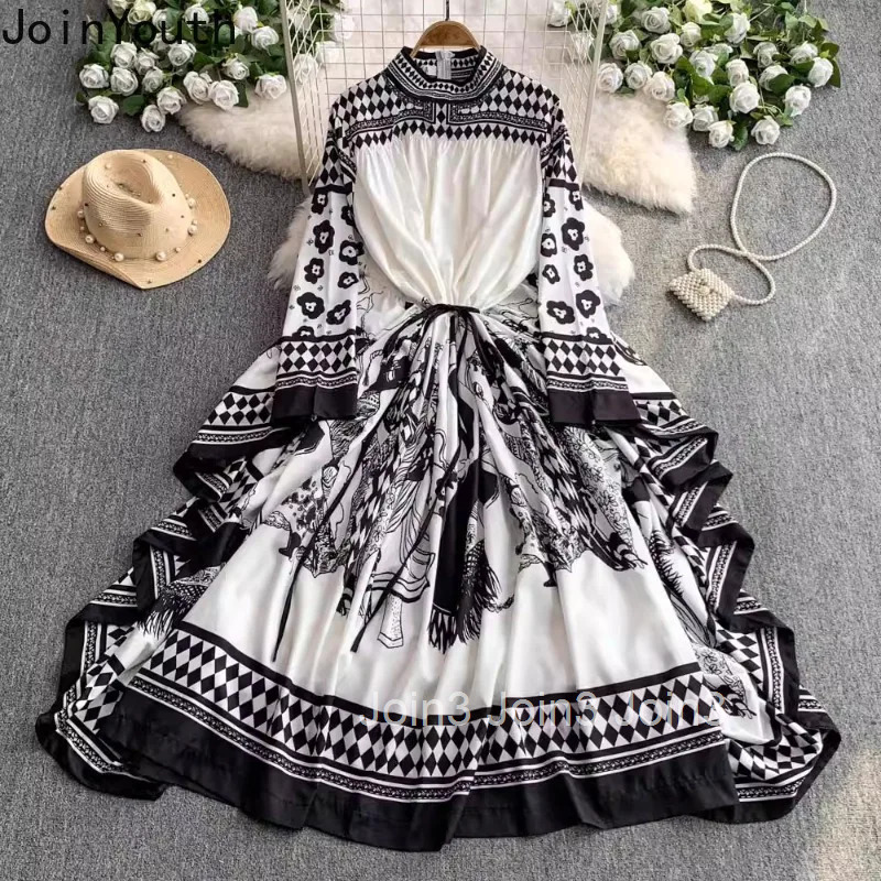 2025 Vestidos De Mujer Maxi Dresses for Womens Stand Neck Floral Print Elegant Summer Dress Loose Vintage Korean Robe Femme