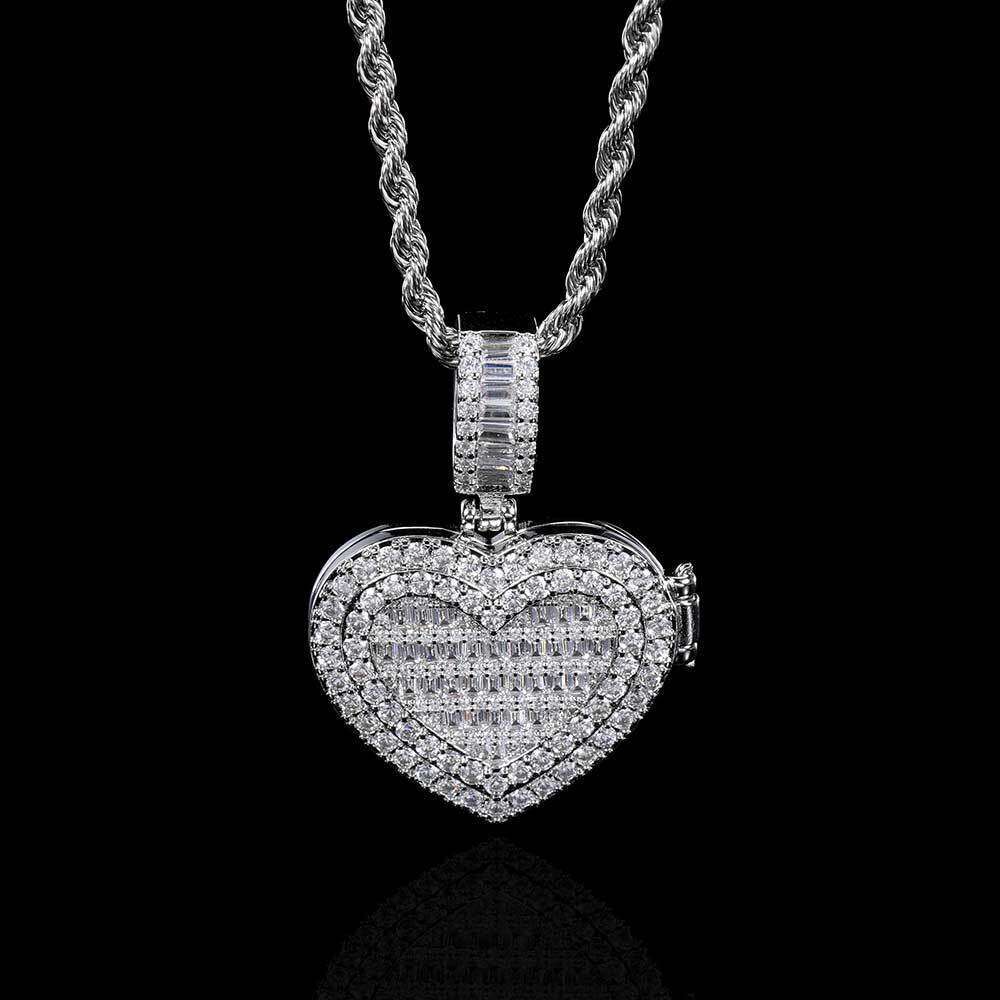 Hip Hop Small Flip Cover Heart Pendant Copper Inlaid Zircon Trendy Brand Personality Photo Frame Men's Necklace 04b2