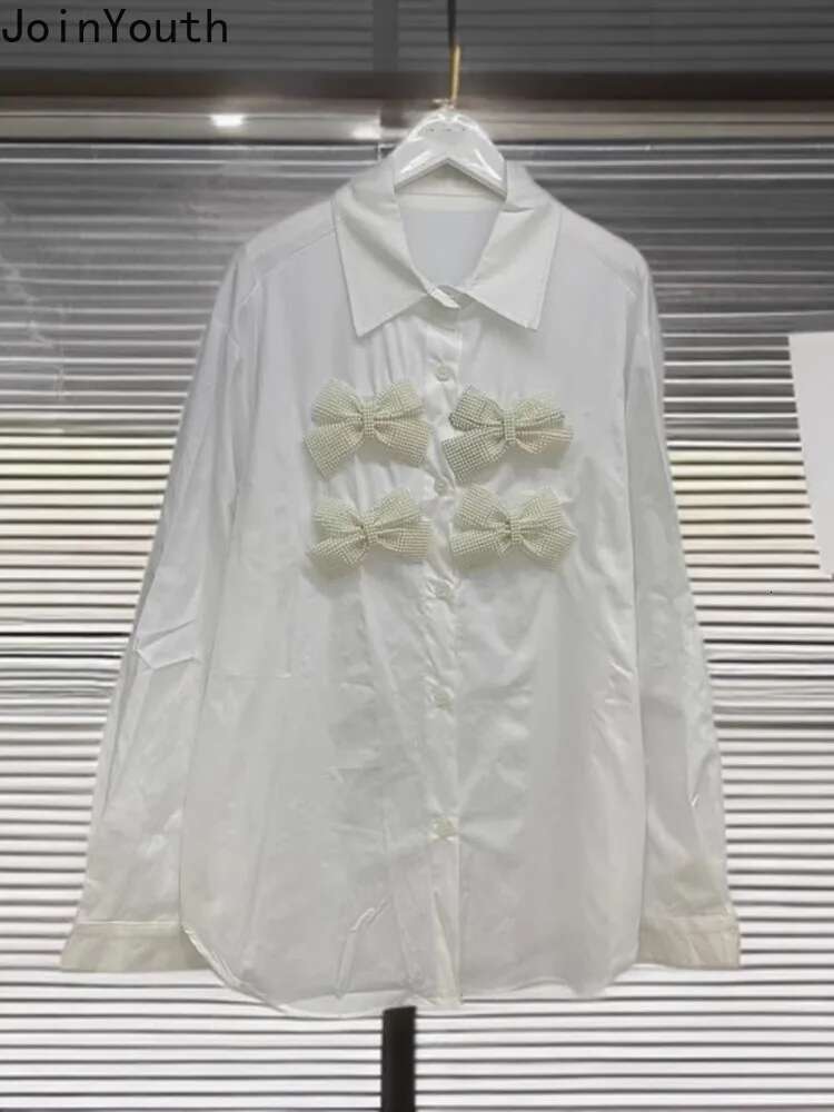 2025 Blusas Mujer De Moda Chic Long Sleeve Blouse Womens Clothing Beading Bow Fashion Tops Loose Casual White Blouses Shirts