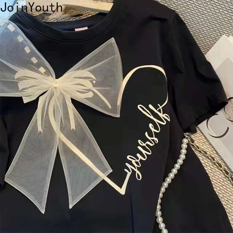 White Tshirts for Women Summer Camisetas Short Sleeve O-neck Sweet Bow Tees Y2k Tops Fashion Casual T Shirts 2025 Ropa Mujer