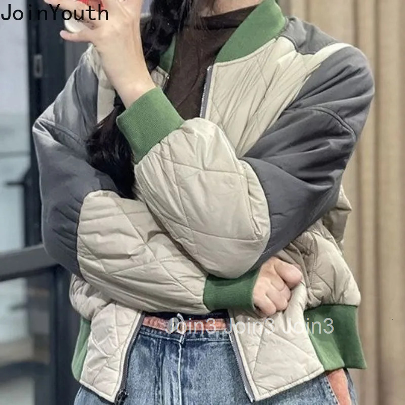 Patchwork Vintage Parkas Winter Clothes Women Fashion Jackets Contrast Color Casual Outwear Thick Coats Y2k Tops 2025 Ropa Mujer