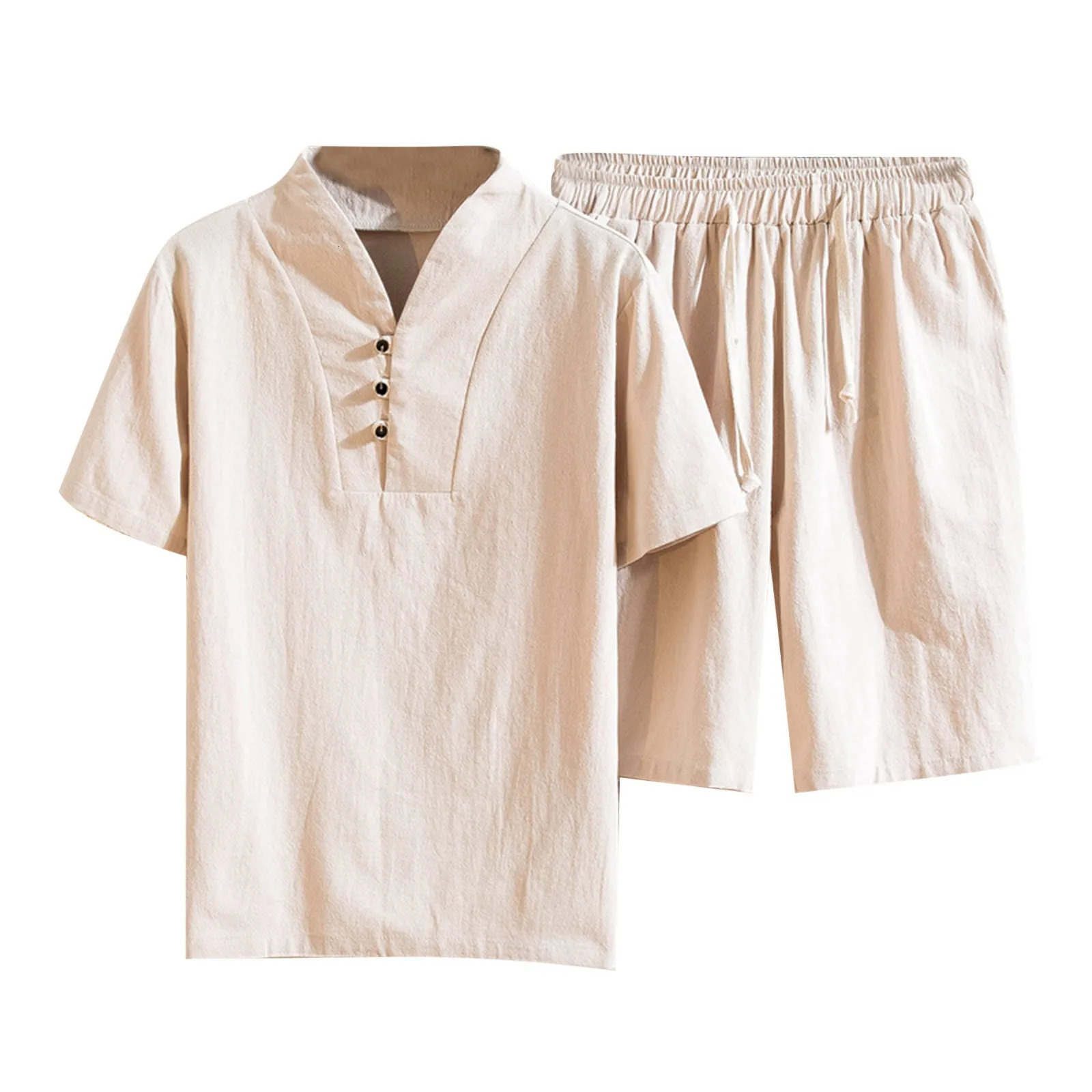 Mens Cotton And Linen Set 2 Piece Solid Color comfortable Clothing Suits Commercial Sports And Leisure Short Mens Suits 250619