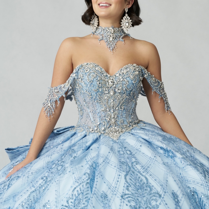 Blue Shiny Quinceanera Dresses Ball Gown Off The Shoulder Applique Lace Beading Crystal Tull Sweet 16 Dress Vestidos 15 De Anos
