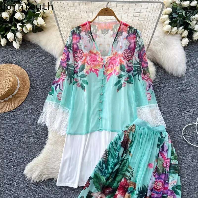 Skirt Suit Women Clothing Summer 2 Piece Set 2025 V-neck Patchwork Lace Floral Chiffon Blouse High Waist A-line Skirts Outfits