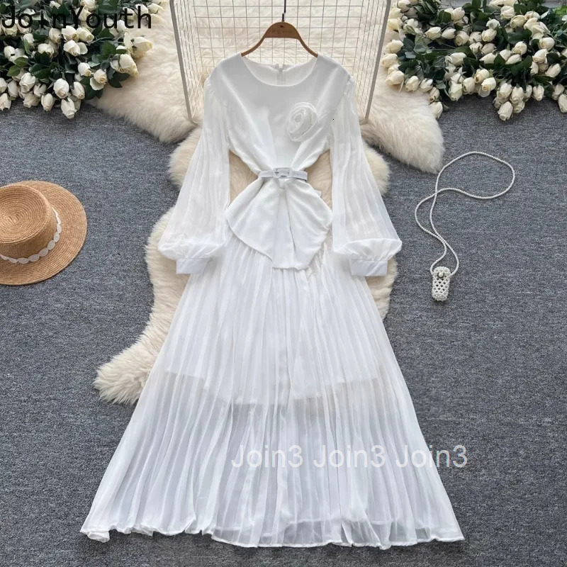 Vintage Summer Dress O-neck Lantern Sleeve Temperament Robe Femme 2025 Vestidos De Mujer High Waist Big Swing Pleated Dresses