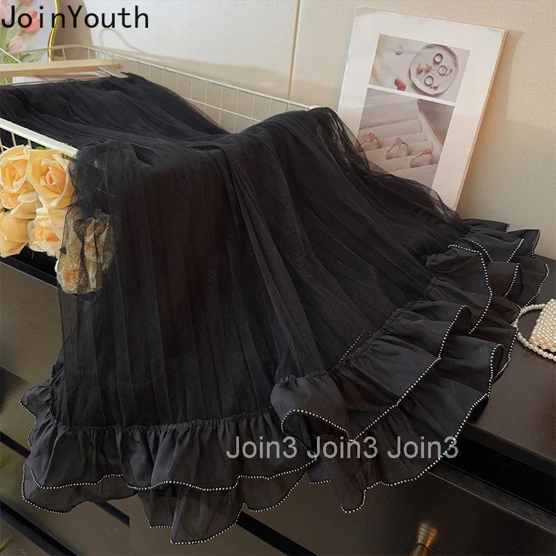 2025 Faldas Mujer De Moda Sweet Skirts Womens Clothing High Waist A-line Jupe Fashion Korean Saia Gauze Ruffles Pleated Skirt