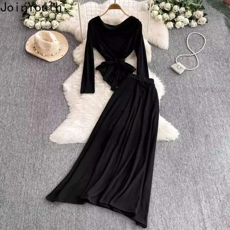 Korean 2 Piece Sets Womens Outfits Roupas Femme Slash Neck Bandage Slim Waist Tops Big Swing High Waist Skirt Suit Summer Set