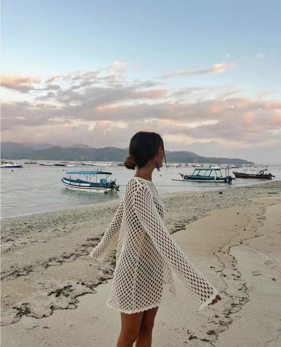 DRC Female Sheer Loose Beach Holiday Mini Dresses Sexy Hollow Out Knit Cover Up Dres Summer Splice Knitwear 250616
