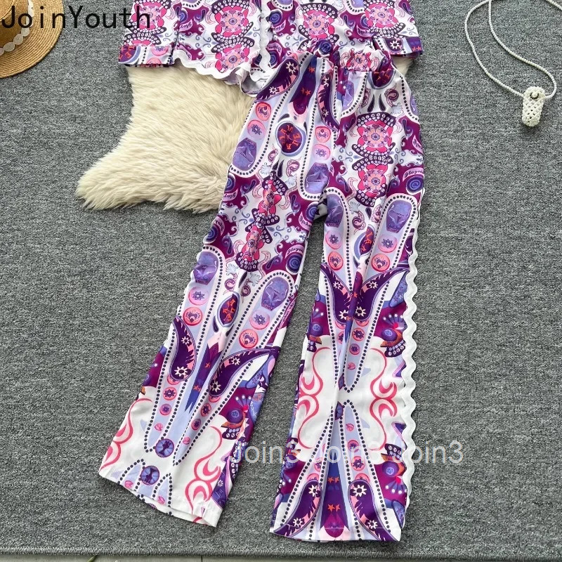Women Clothes Pants Outfits 2 Piece Sets Roupas Femme Long Sleeve Loose Blouses High Waist Wide Leg Pants Suit Summer Floral Set