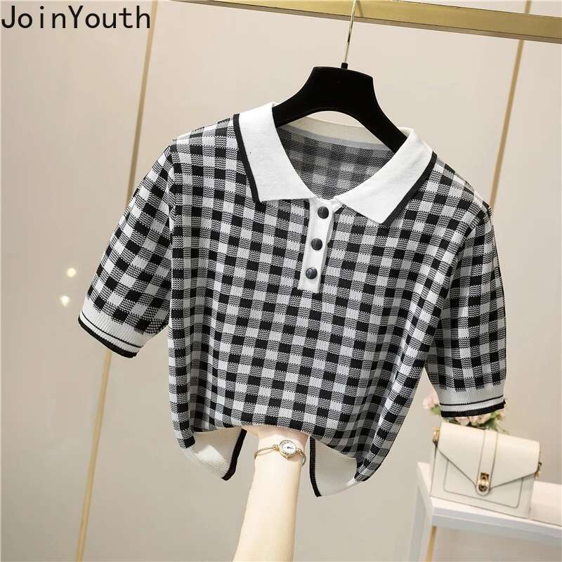 2025 Ropa Mujer Summer Woman Tshirts Short Sleeve Turndown Collar Tees Fashion Plaid Knitted T Shirt Vintage Casual T-shirt