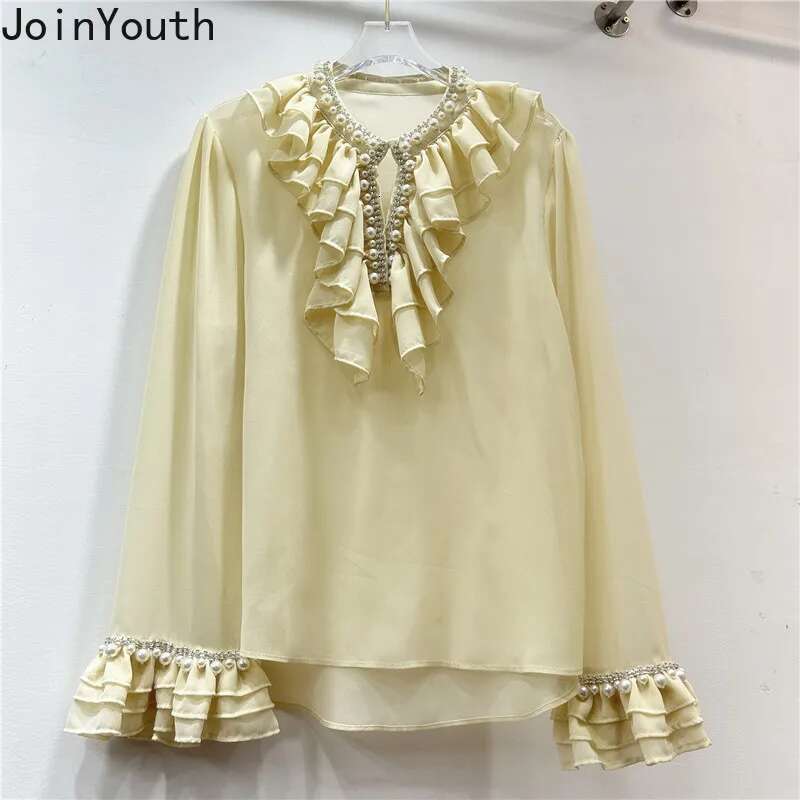 Temperament Lady Tops White Blouses for Women 2025 Camisas De Mujer Heavy Beading Hollow Out Ruffles Loose Chiffon Shirts 7p132
