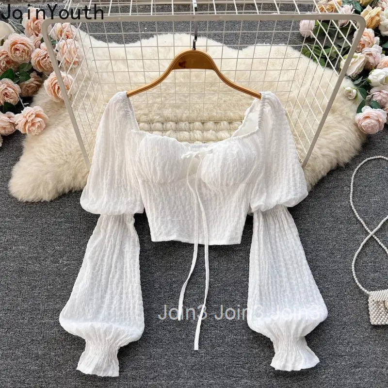 Summer Crop Tops Fashion Blouse Women 22024 Blusas Mujer De Moda Square Collar Puff Sleeve Bandage Tunic White Blouses Shirts