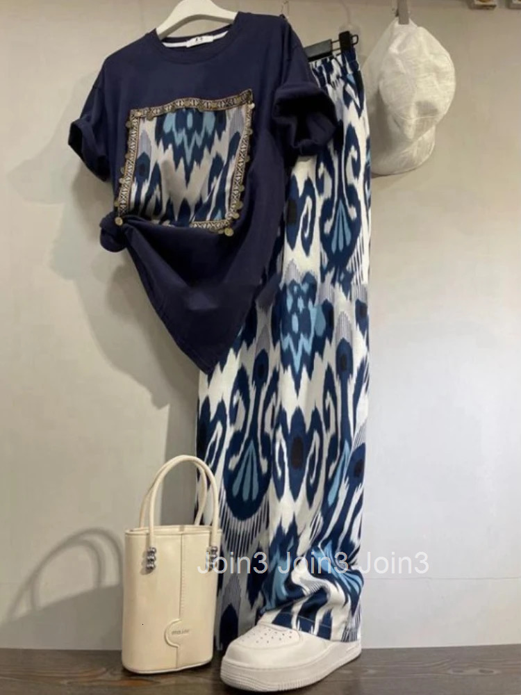 Two Piece Sets Womens Outfits Roupas Femme Pants Suit Short Sleeve White T-shirts High Waist Straight Print Wide Leg Pants Set