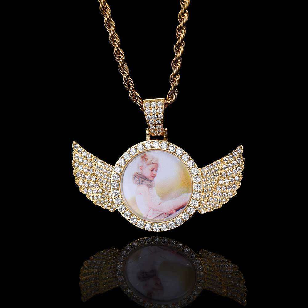 Hip Hop Memory Small Round Photo Angel Wings Frame Pendant Micro Paved Zircon Men's Necklace 675e