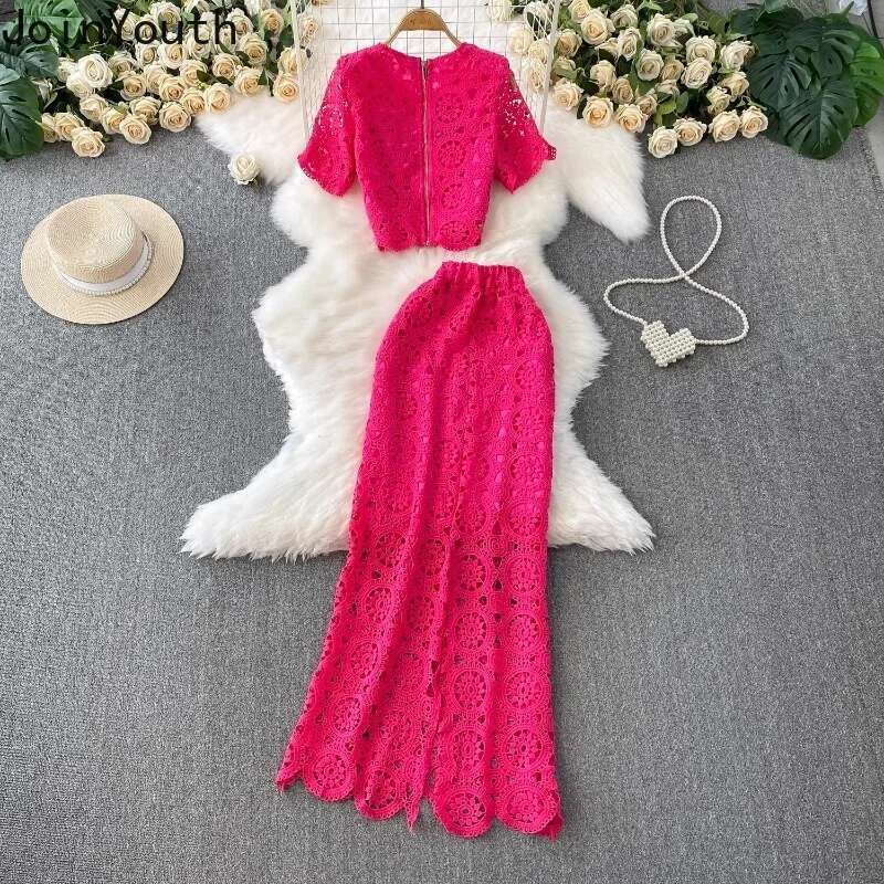 Skirt Suit 2 Piece Sets Women Outfits Summer Clothing O-neck Short Sleeve Crop Tops Bodycon Tunic Skirts Hollow Out Korean Set