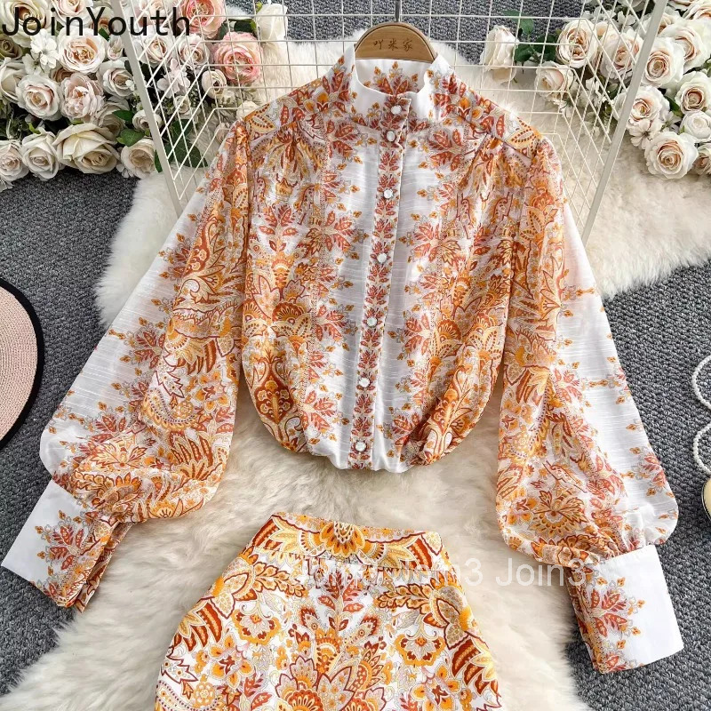 Women Clothing Skirt Outfits Two Piece Set Stand Neck Long Sleeve Blouse High Waist Bodycon Mini Skirts Sets Vintage Print Suit