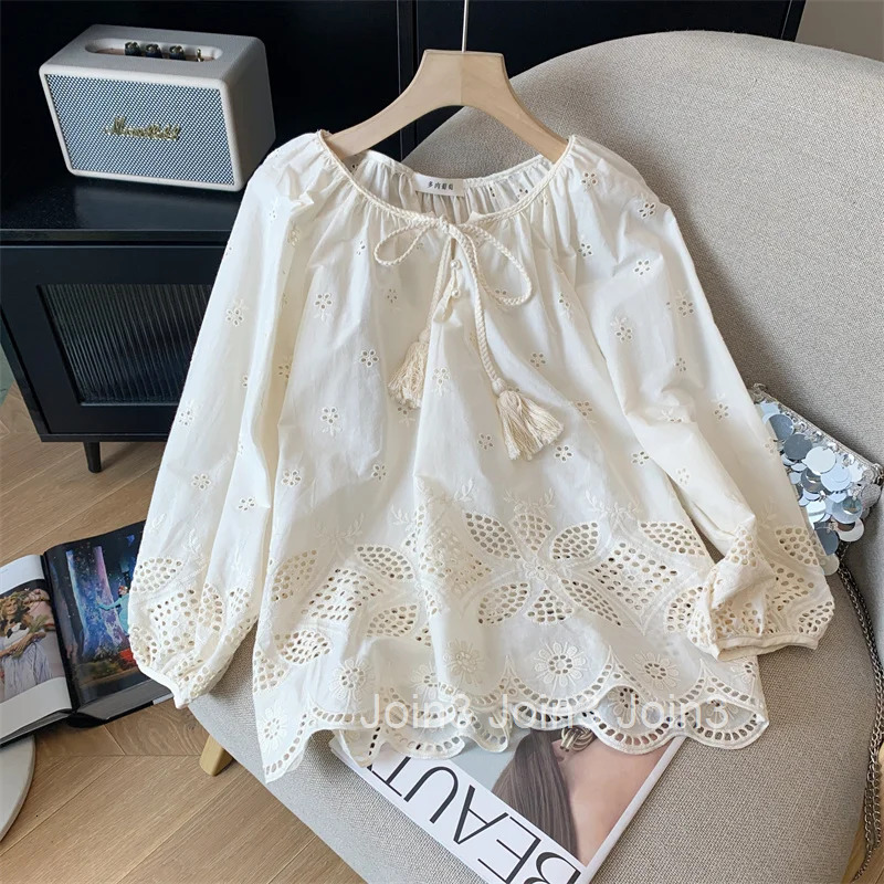 2025 Blusas Mujer De Moda Fashion Blouses for Women Bandage Summer Loose Shirts Hollow Out Vintage Korean Blouse Tops Female