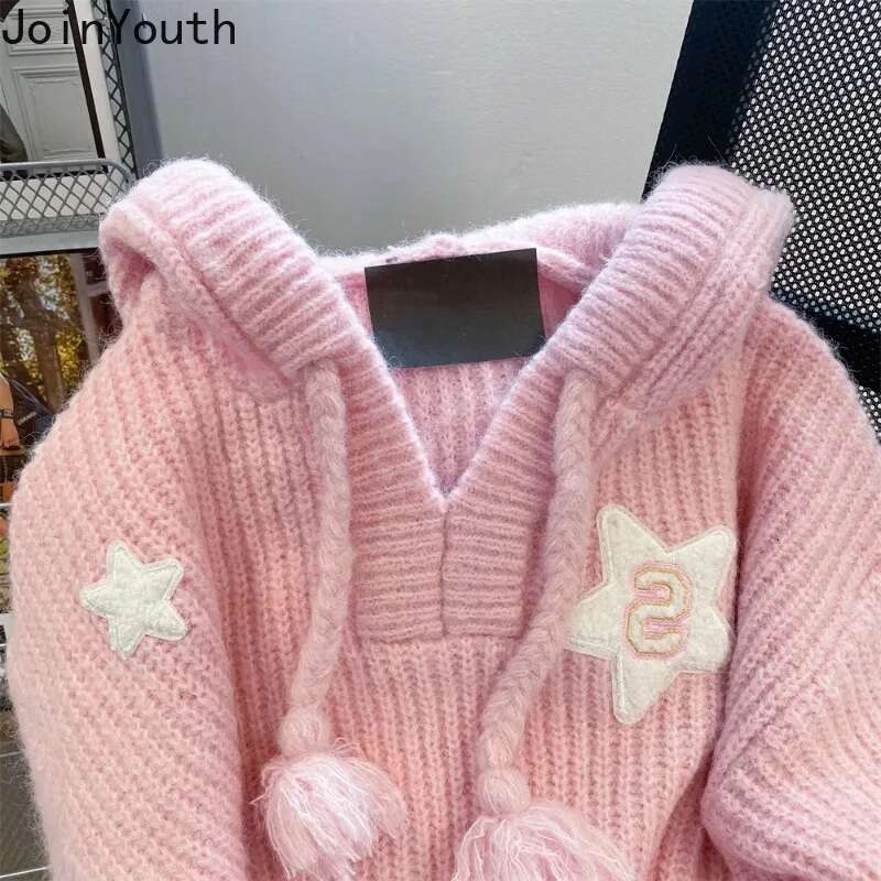 Sweet Sweater Women Clothing Star Hooded Jumper 2025 Ropa Mujer Pockets Casual Fashion Knitting Oversized Pullovers Pull Femme