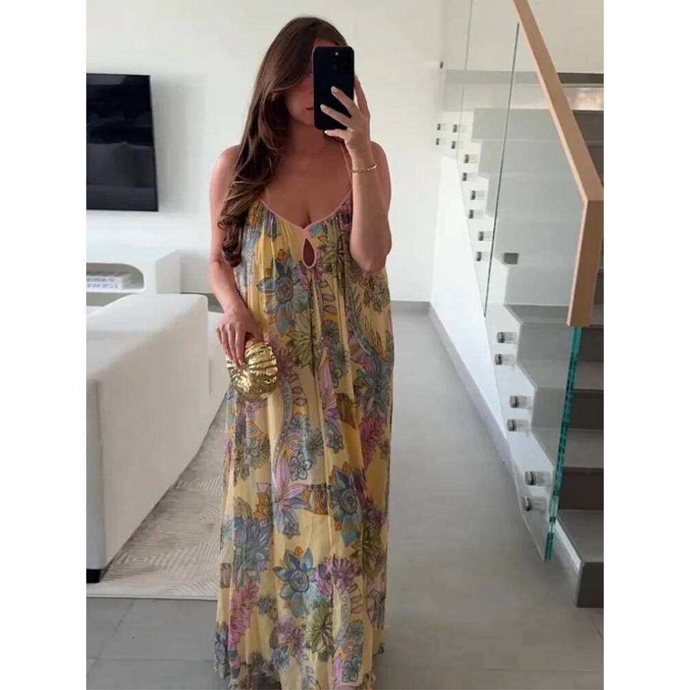Print Floral Women's Dress Halter V-neck Sleeveless Hollow out Straight Female Dresses 2025 Summer Elegant Vacation Lady Robe
