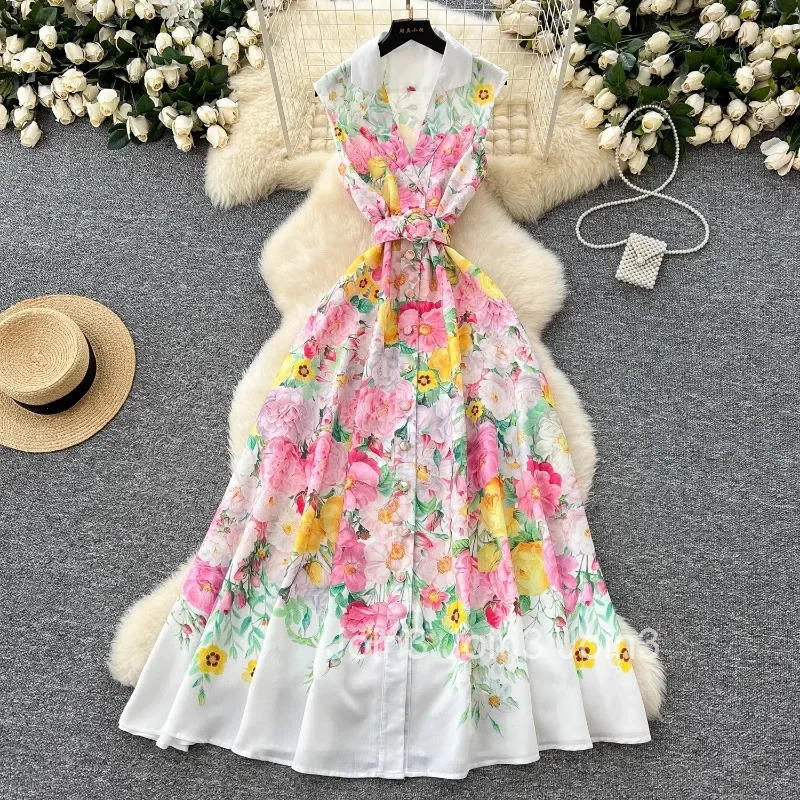 2025 Vestidos De Mujer Summer Dresses Women Clothing Sleeveless Slim Waist Floral Robe Femme Single Breasted Elegant Maxi Dress